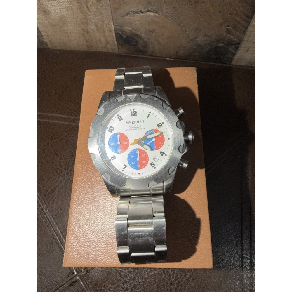 Meridian Men's Chronograph‎ Watch Stainless Steel White Dial 30M Water Resistant